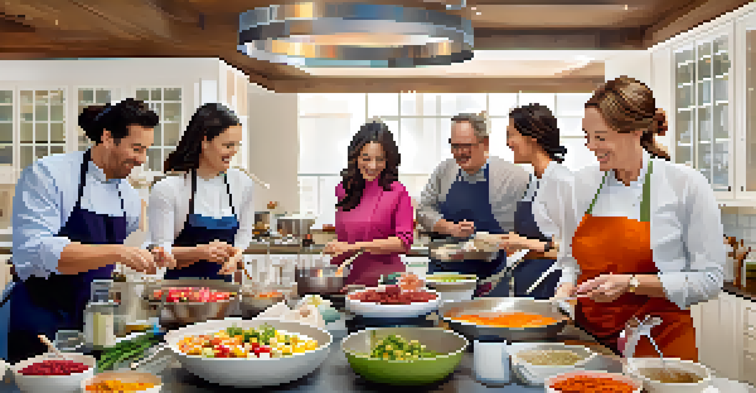 Guests participating in a collaborative cooking class at a high-end corporate retreat.