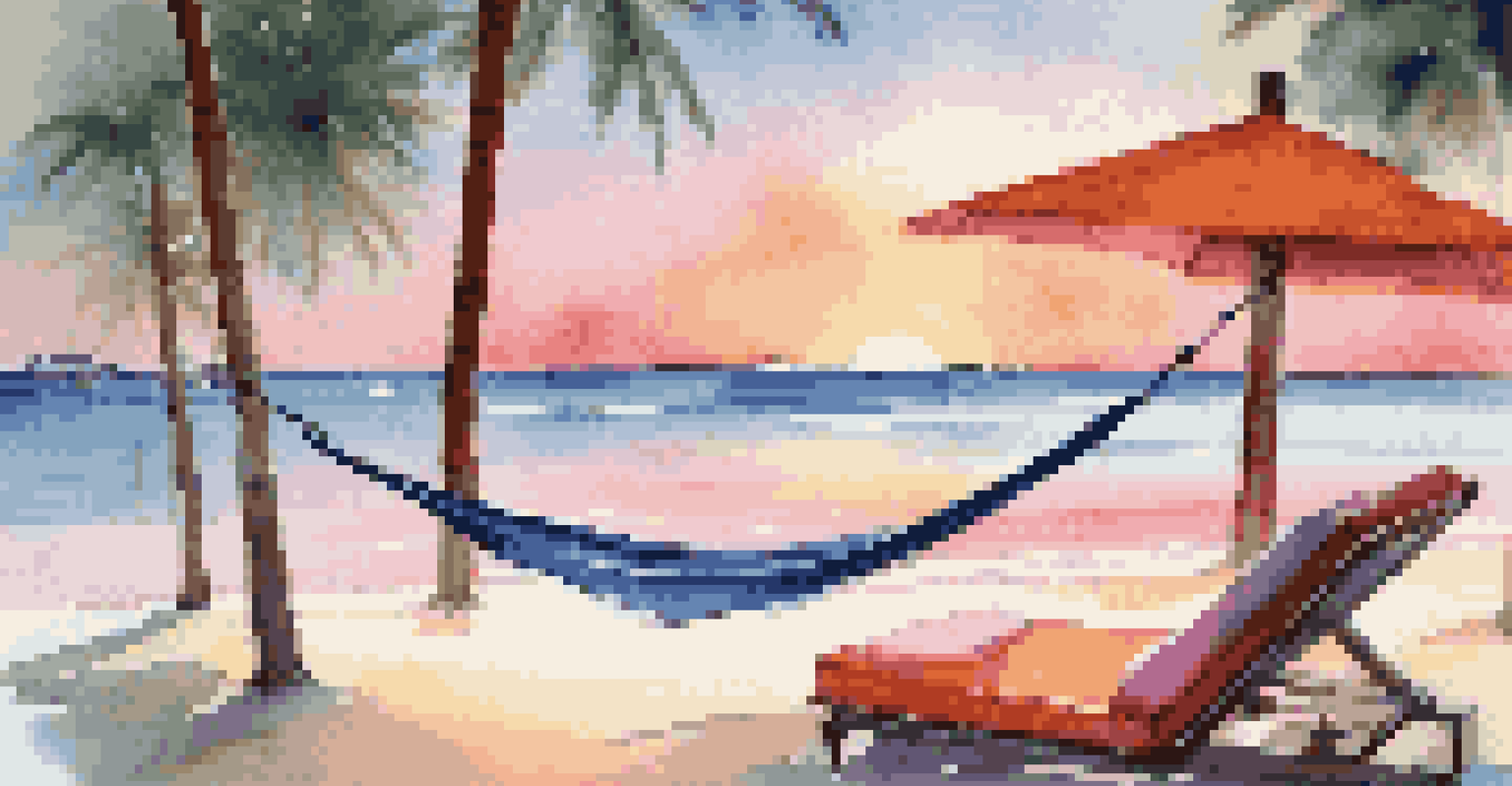 A beautiful beach resort with a hammock, palm trees, and a sunset sky, depicting a luxurious travel scene.