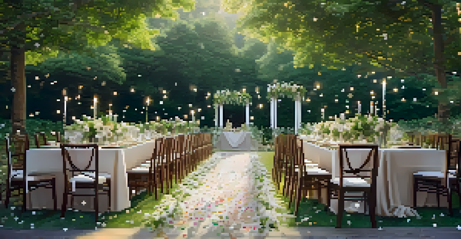 An outdoor wedding setup with biodegradable confetti and ethically sourced flowers surrounded by greenery.