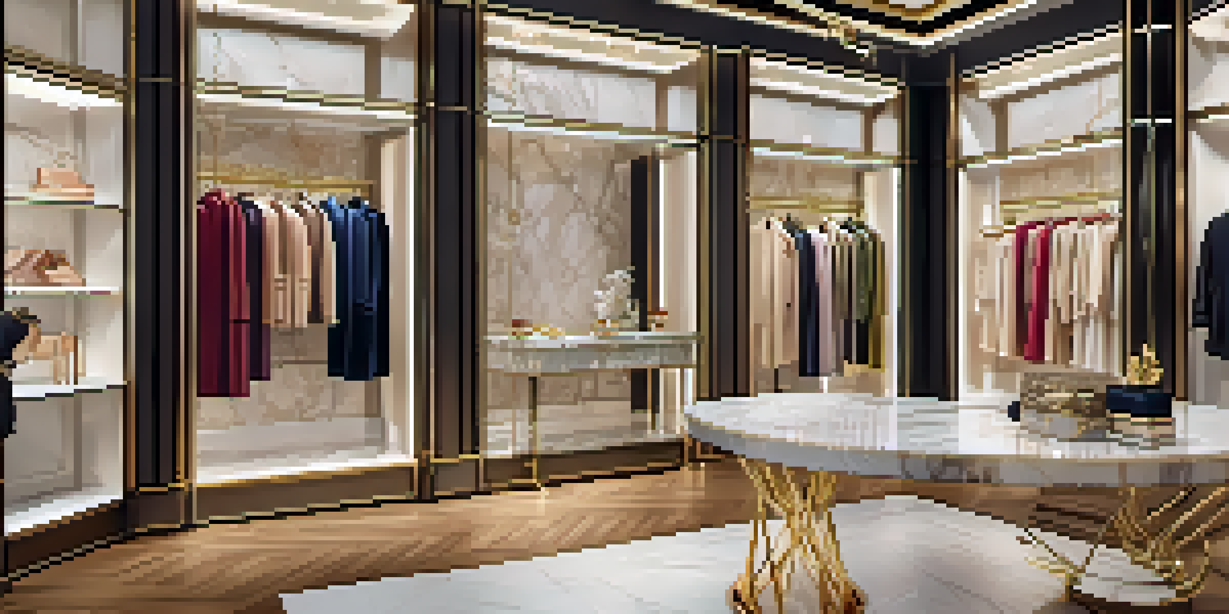 A chic fashion boutique interior with elegant clothing, warm lighting, and a city view.