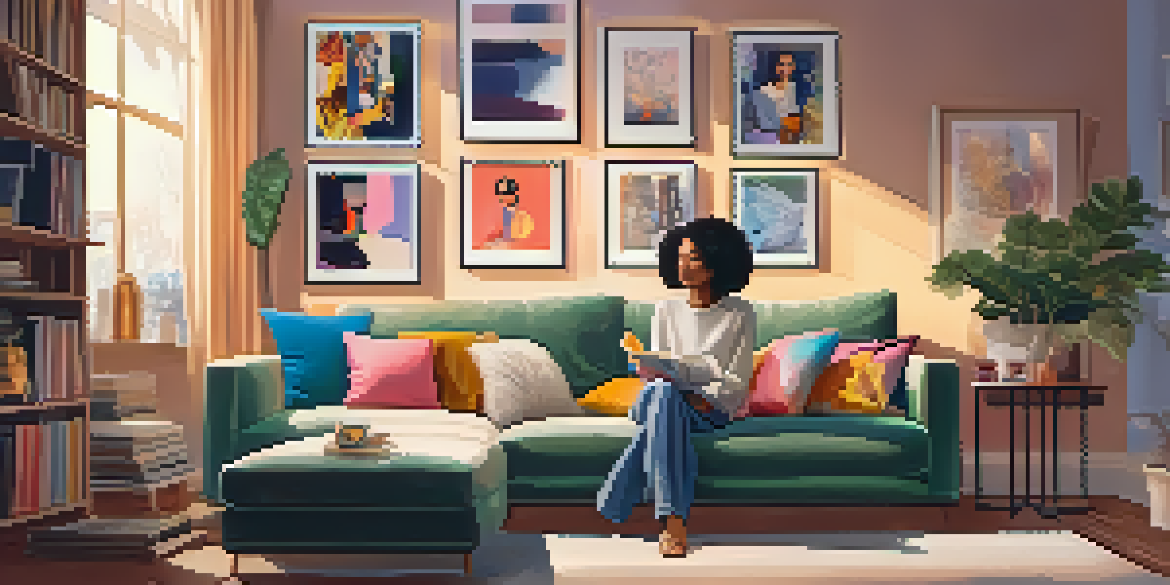 A person enjoying a fashion podcast on a sofa with fashion magazines and coffee, in a warmly lit room.