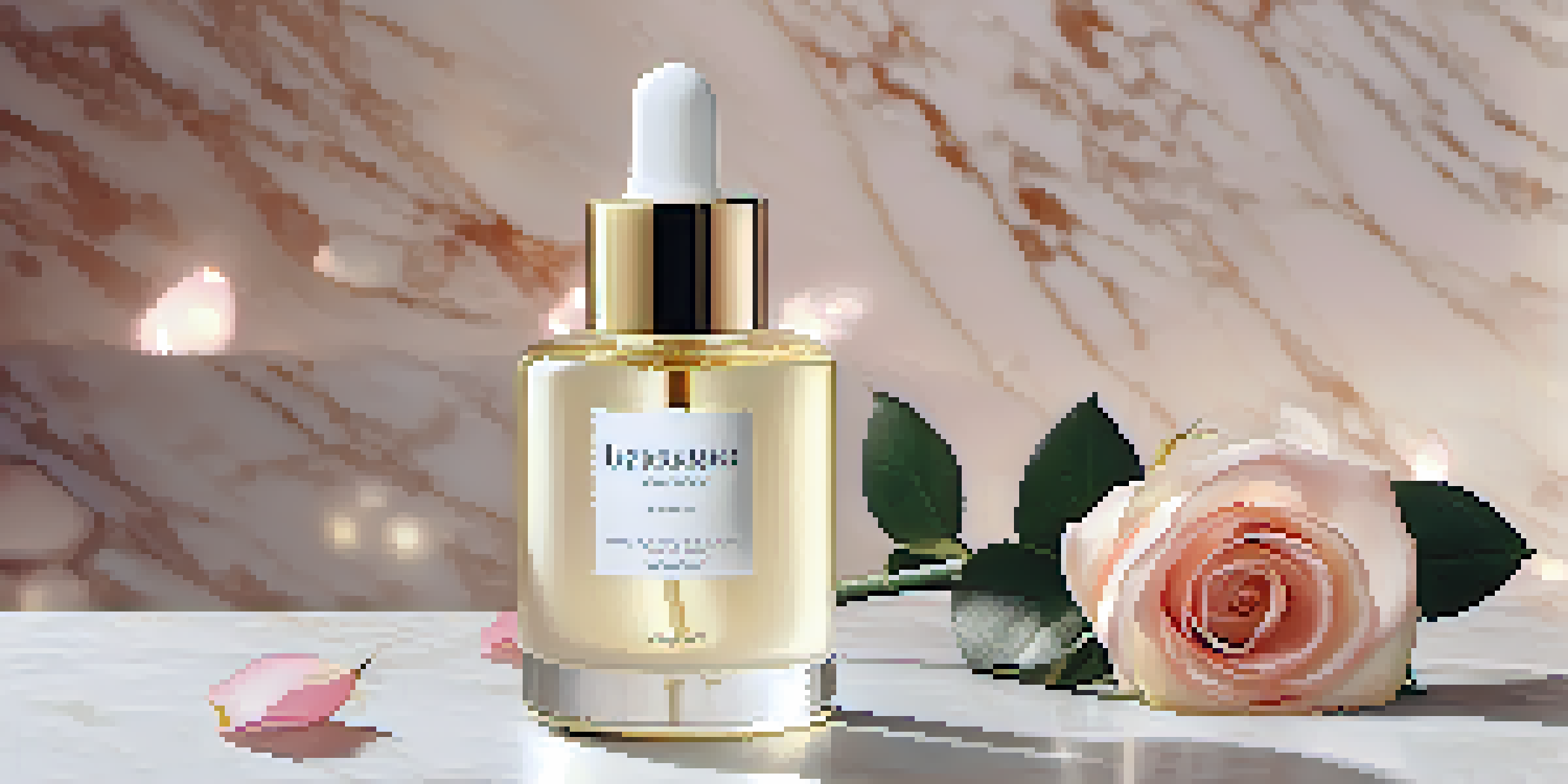 A luxurious serum bottle surrounded by rose petals and greenery on a marble countertop, illuminated by warm lighting.