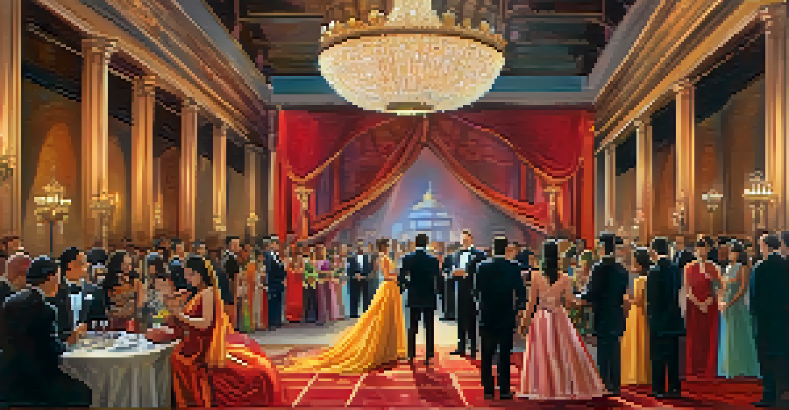 An elegant indoor gala with cultural decorations and guests enjoying traditional performances in a unique venue.