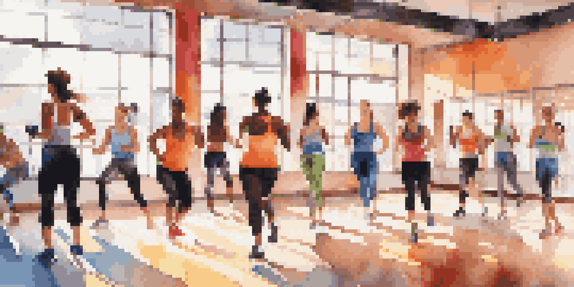 A lively group fitness class in a luxury gym, with diverse participants and an enthusiastic instructor, bathed in natural light.