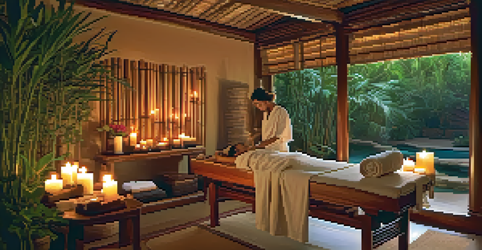 A calming Ayurvedic spa room with a therapist performing a massage using natural oils and herbs, surrounded by plants and soft lighting.