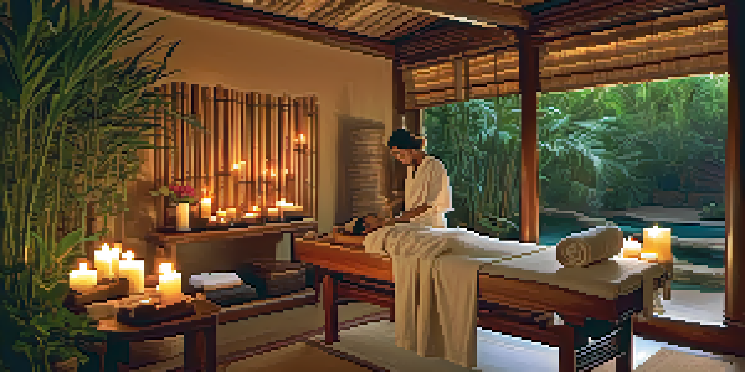 A calming Ayurvedic spa room with a therapist performing a massage using natural oils and herbs, surrounded by plants and soft lighting.