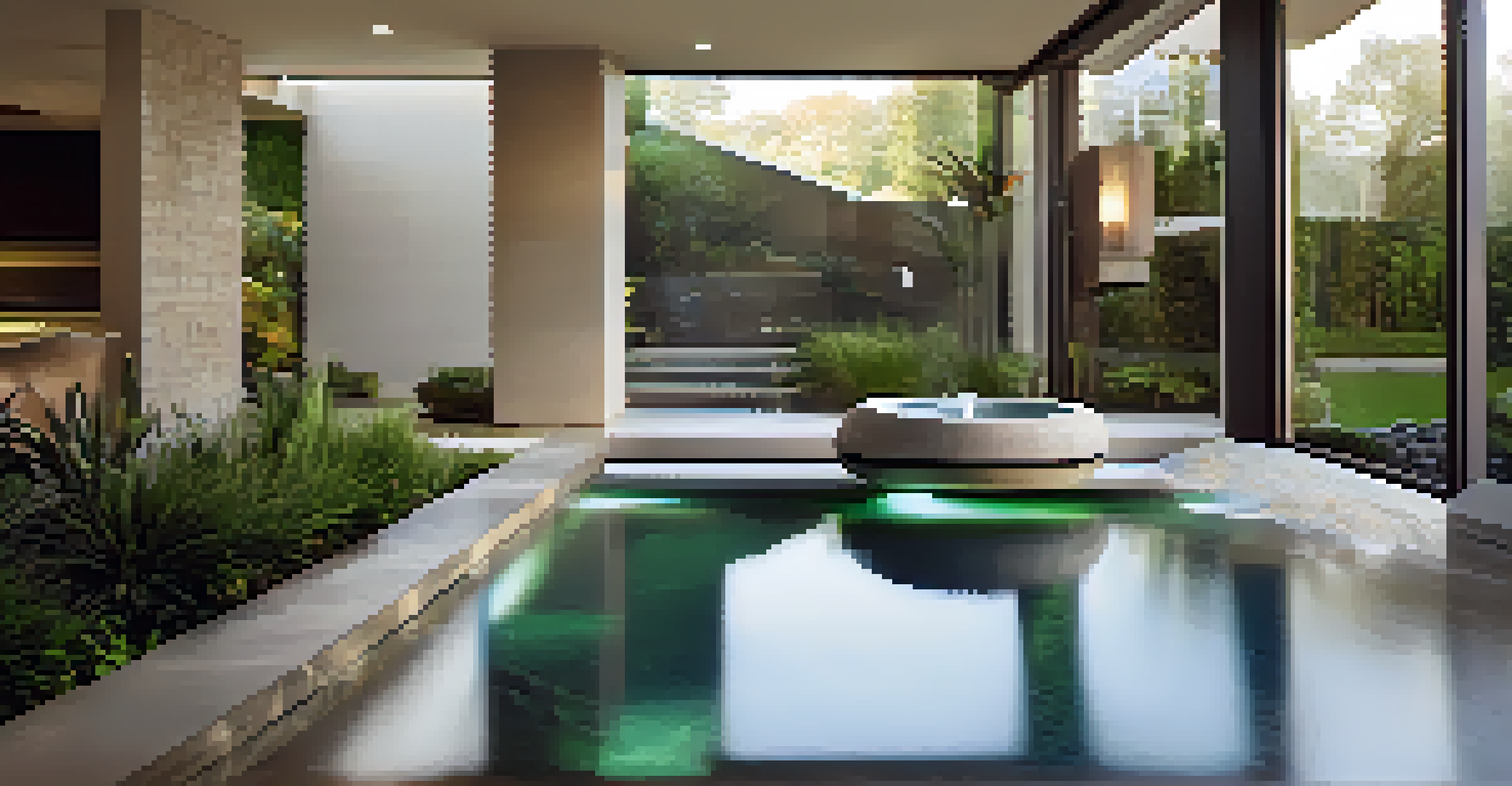 A modern indoor fountain surrounded by greenery, creating a peaceful and tranquil environment.