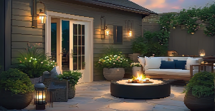 An outdoor patio with natural stone flooring, surrounded by green plants and flowers, with warm lighting from lanterns and a fire pit.