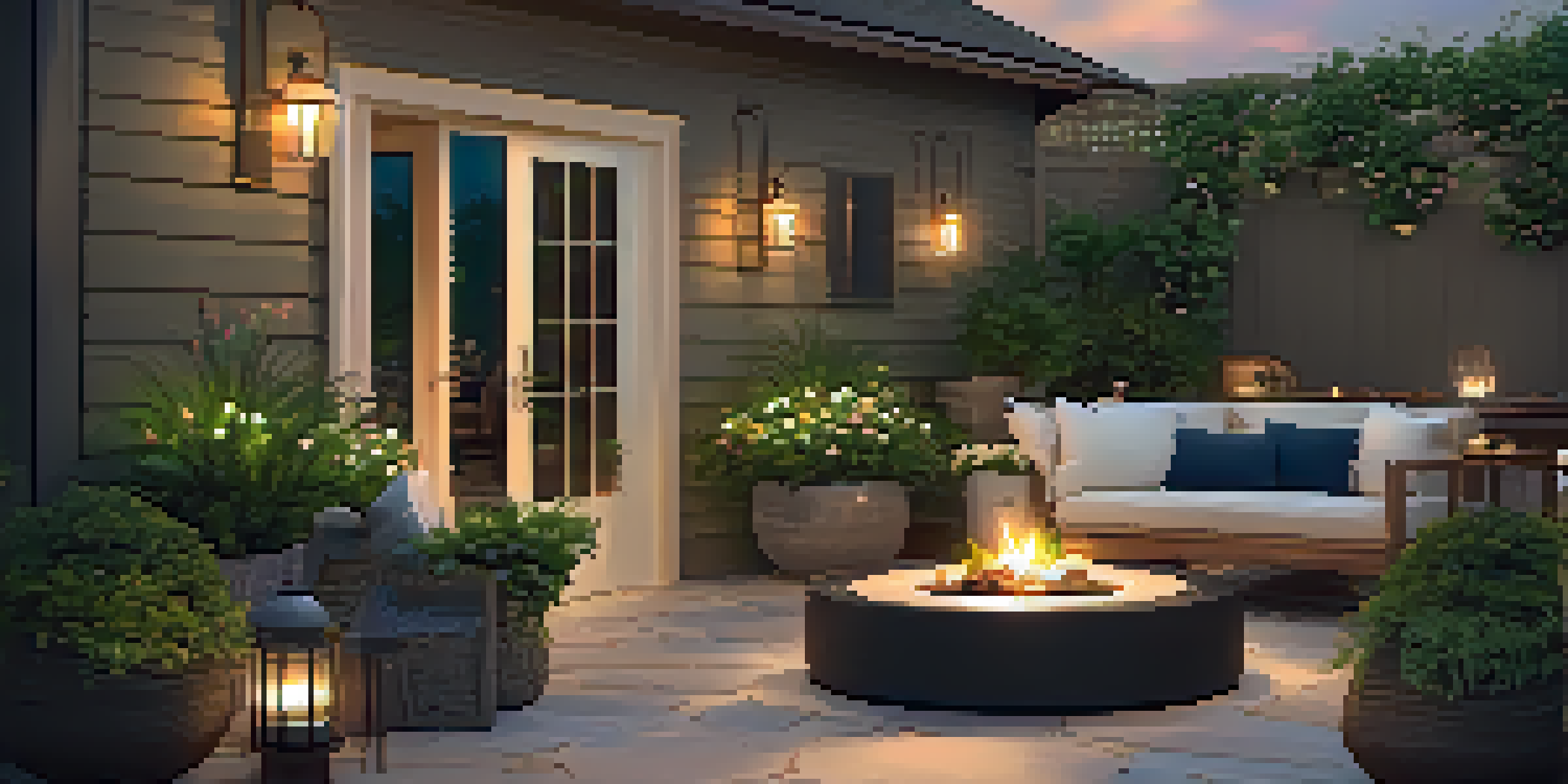 An outdoor patio with natural stone flooring, surrounded by green plants and flowers, with warm lighting from lanterns and a fire pit.