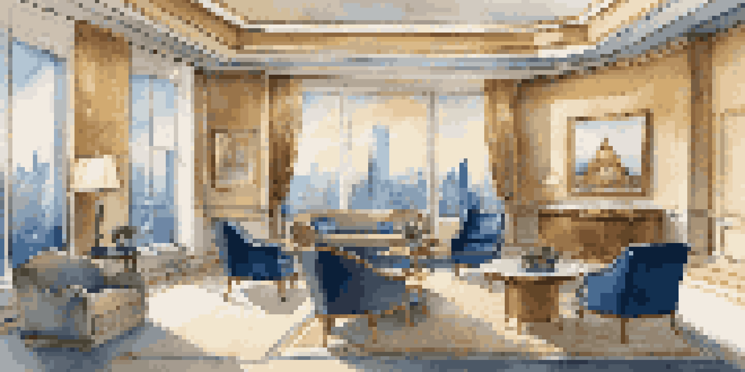 An elegant travel agency office with plush seating and a marble reception desk, showcasing a city skyline through large windows.