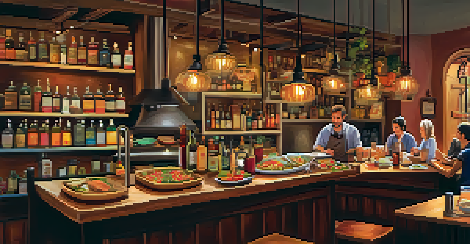 A lively tapas bar in Barcelona with friends sharing colorful plates of food.