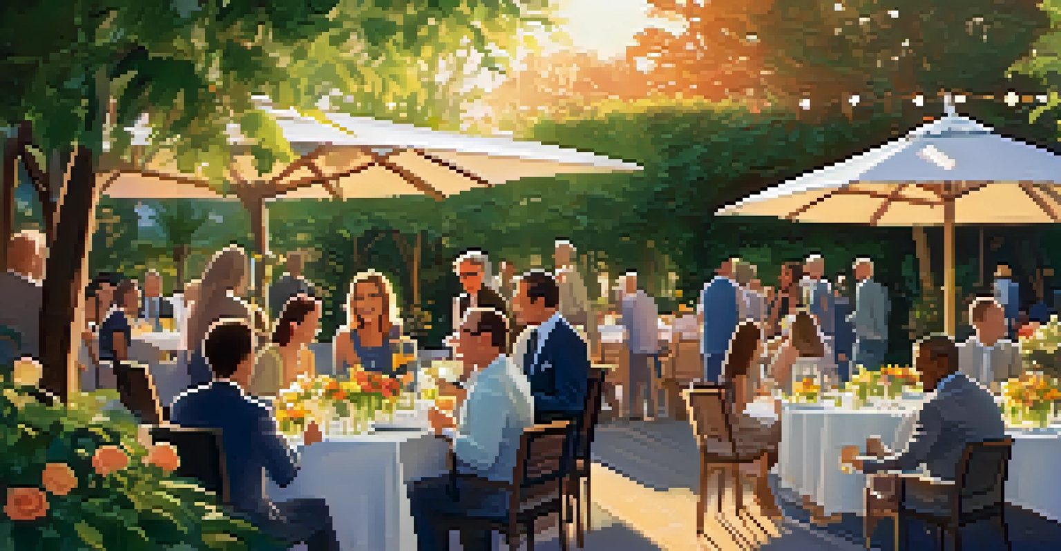 An outdoor networking event in a garden with members mingling around tables, enjoying refreshments and a warm sunset glow.