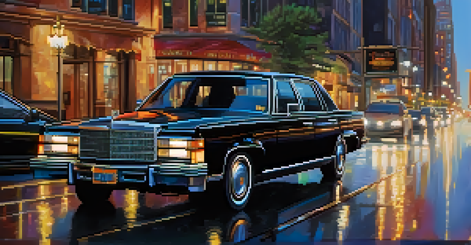 A black luxury sedan on a city street at dusk with city lights around.