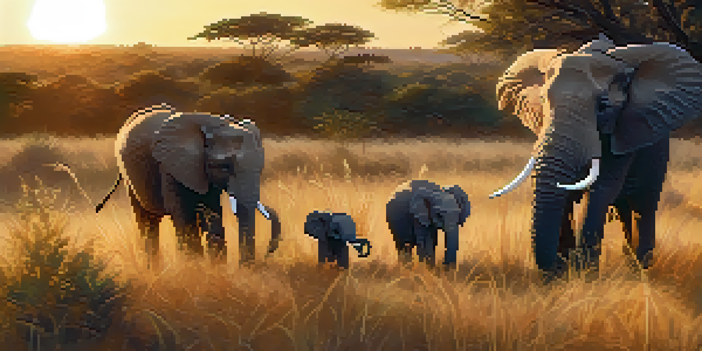 A family of four, with two children, watching elephants in the savannah at sunset, showcasing joy and adventure in nature.