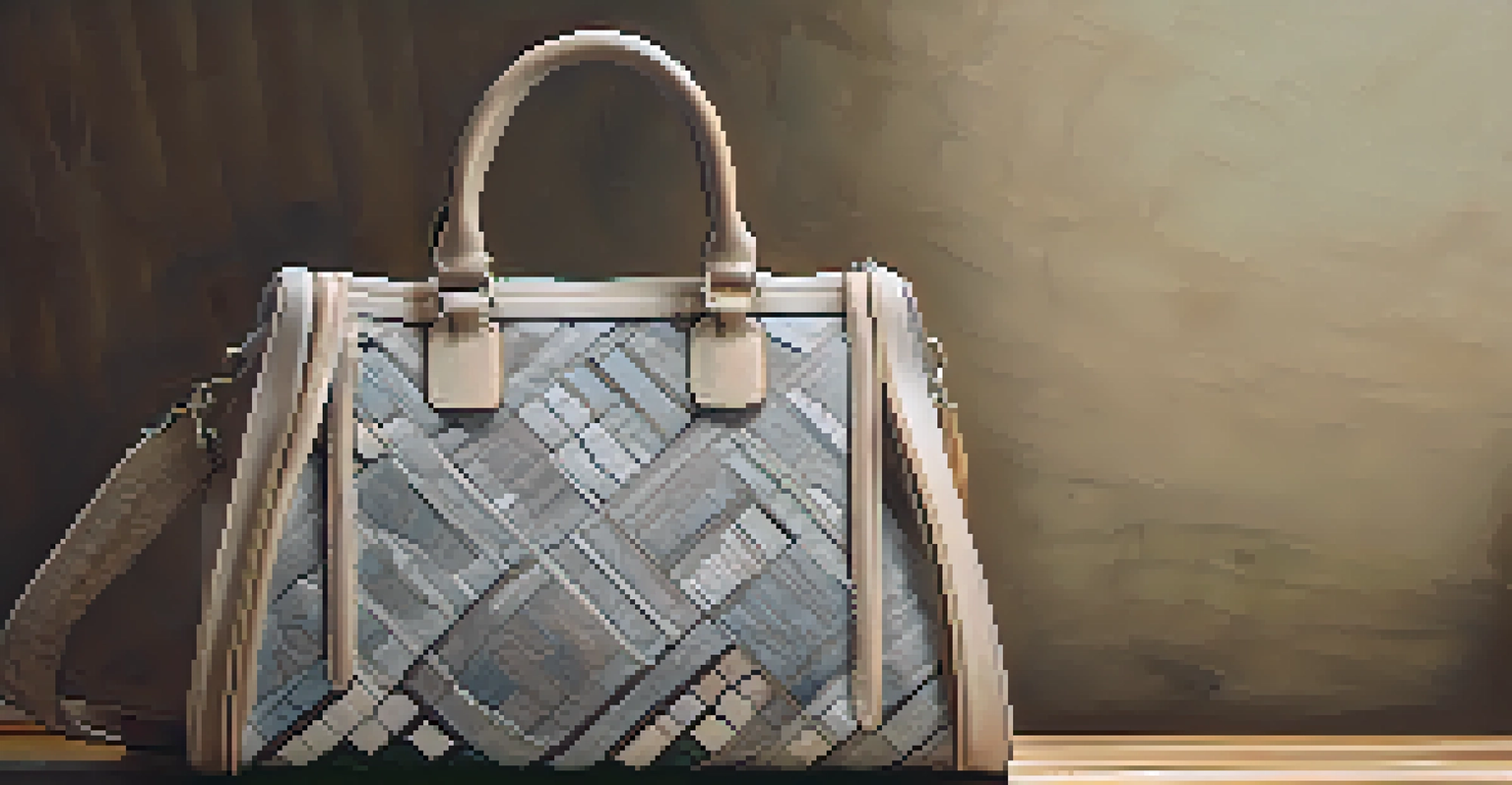 A close-up of an eco-friendly stylish handbag on a natural wood surface with soft fabrics in the background.