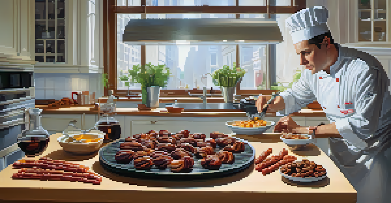 A chef experimenting in a bright kitchen, with bacon-wrapped dates and chocolate-covered pretzels on a cutting board.