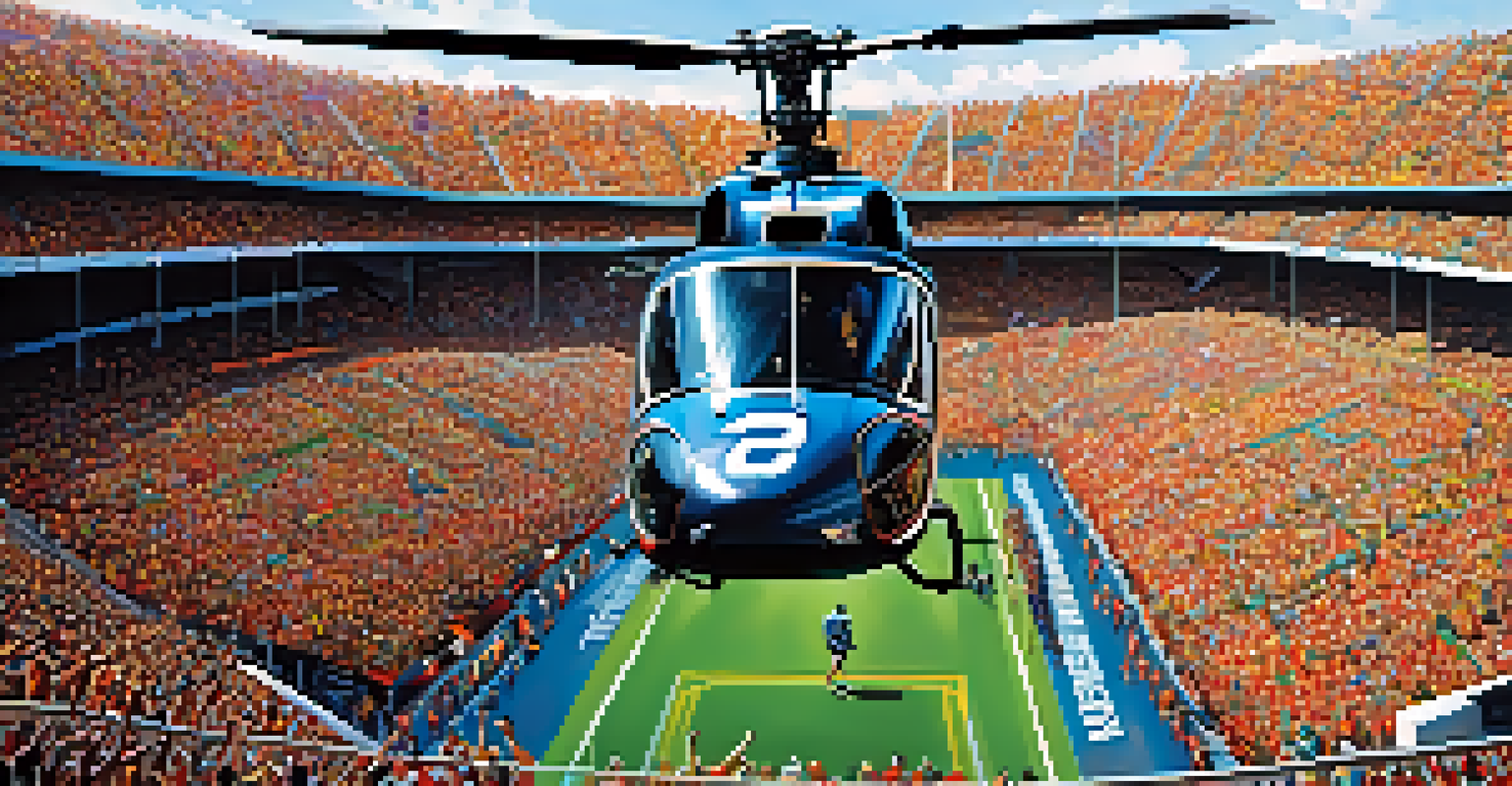 A helicopter flying towards a stadium filled with fans, capturing the excitement of a sporting event.