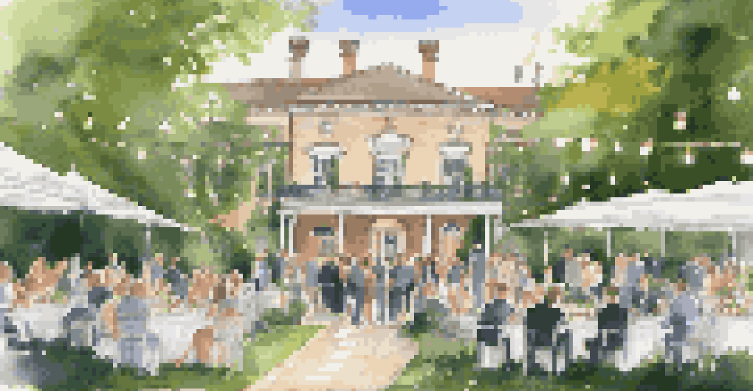 A charming outdoor charity event in a garden of a historic mansion, with elegant tables and string lights.