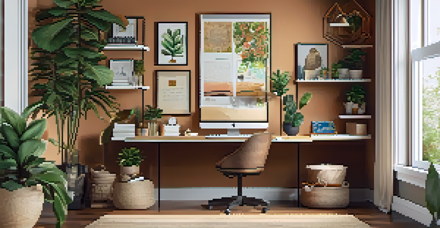 A personalized home office with custom artwork, souvenirs, and framed quotes, enhanced by indoor plants.