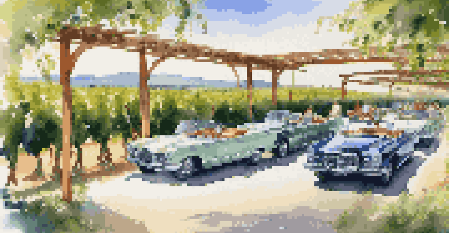 Participants enjoying wine tasting at a vineyard with luxury cars parked nearby and green vines in the background.
