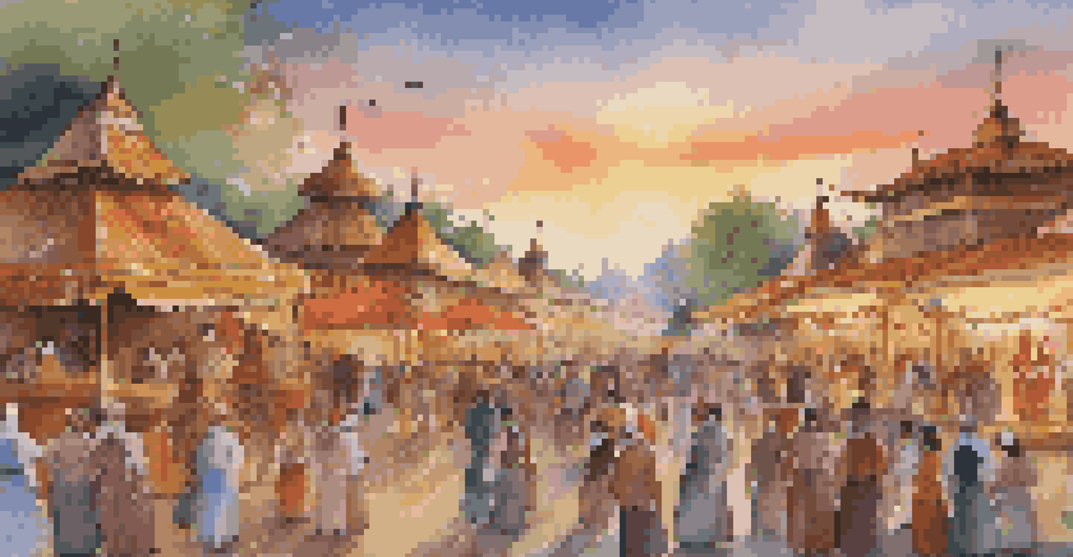 A colorful outdoor cultural festival with performers in traditional costumes and a sunset background.