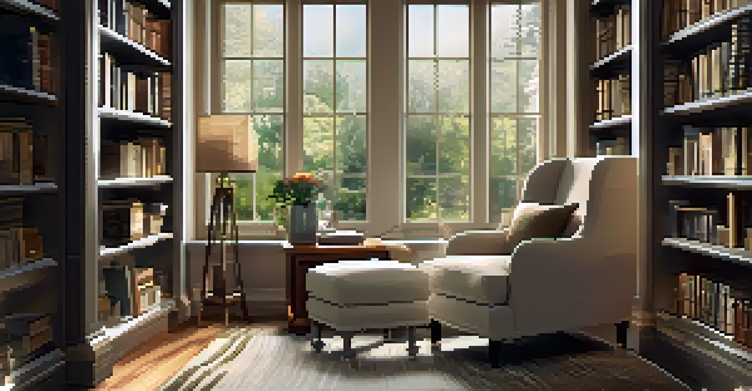 A cozy reading nook in a home office with a plush armchair, side table, and bookshelves, softly lit for a relaxing ambiance.