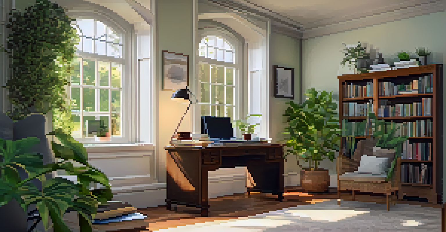 A cozy corner workspace with a desk, chair, coffee cup, and a green plant in a sunlit living room.
