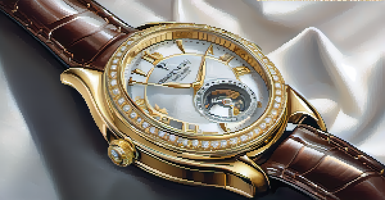 A high-end watch on a velvet cushion, highlighting its gold case, leather strap, and diamond bezel with soft lighting.