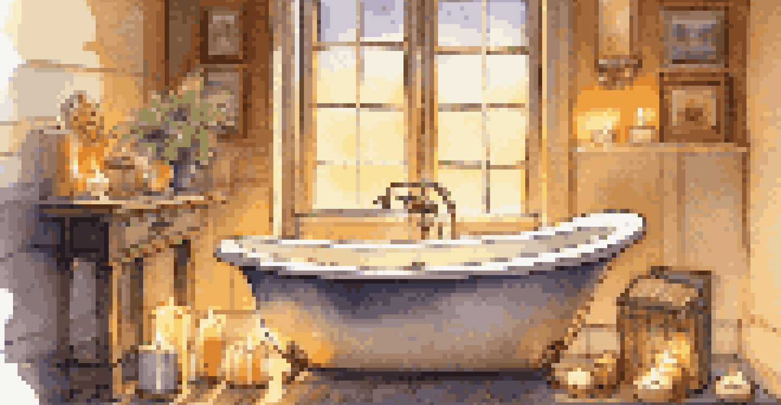 A cozy self-care scene with a bubble-filled bathtub, a luxurious soap, and a lit candle, creating a warm atmosphere.