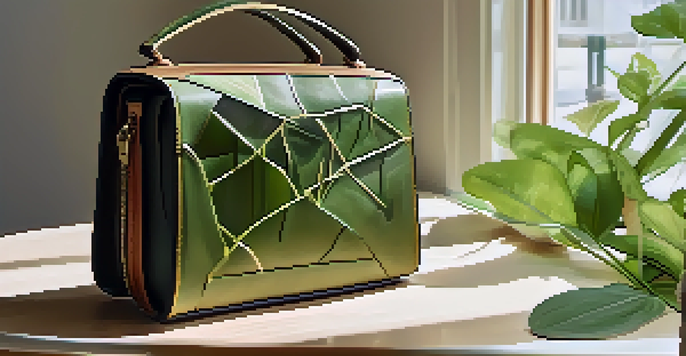 A luxury handbag made from sustainable materials placed on a wooden table with plants in the background and natural light shining through a window.