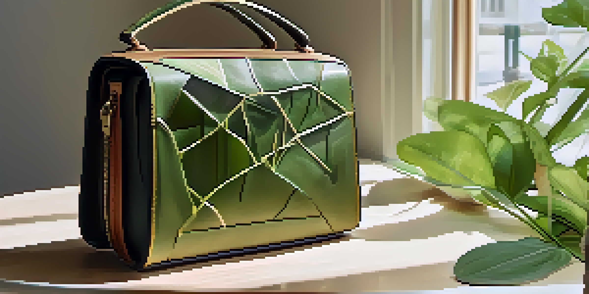A luxury handbag made from sustainable materials placed on a wooden table with plants in the background and natural light shining through a window.