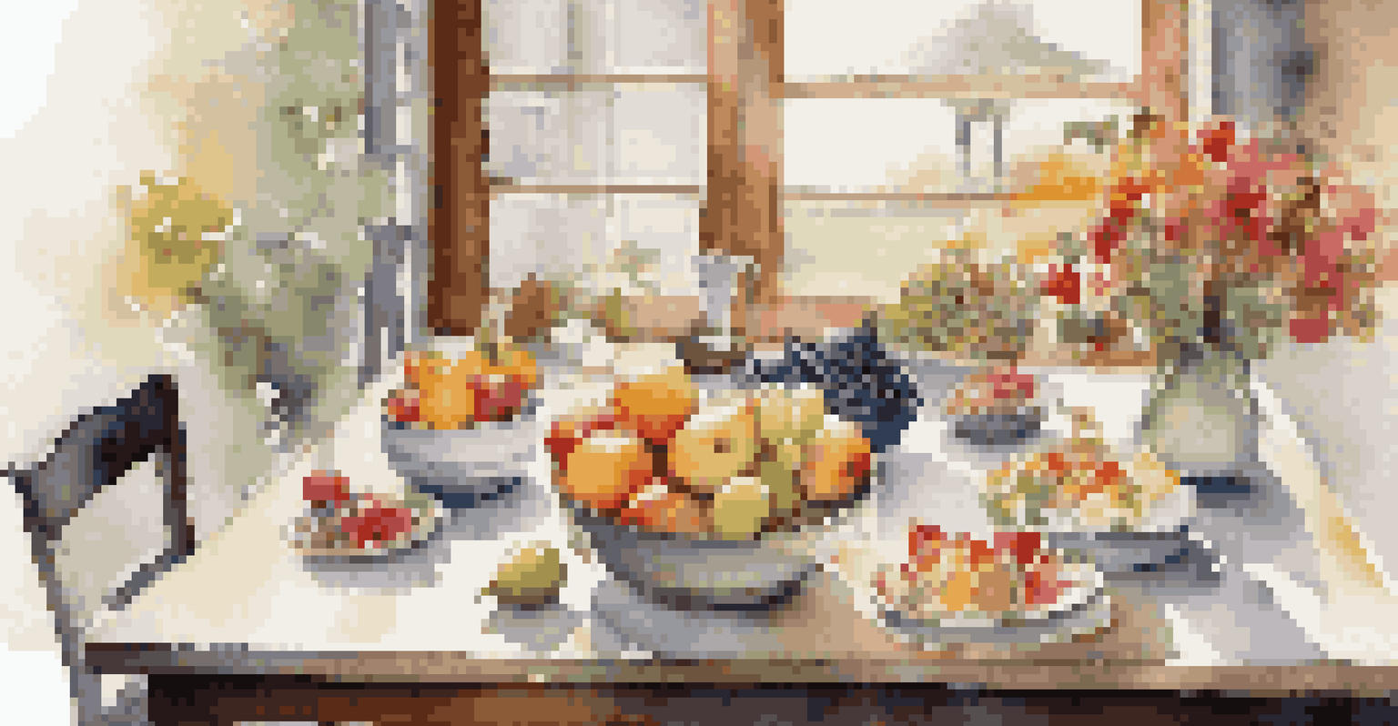 A dining table beautifully set with fresh fruits, cheese, and flowers, inviting a mindful and luxurious eating experience.