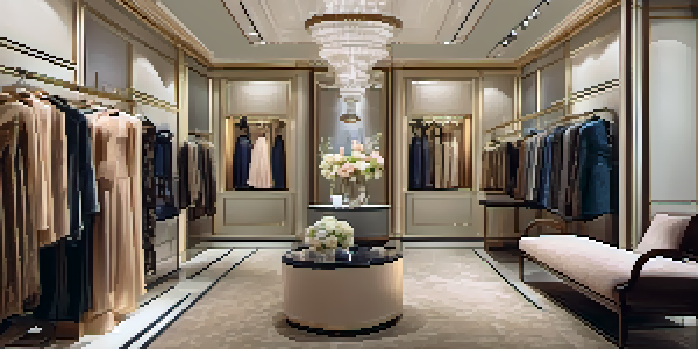 An interior view of a high-end fashion boutique with elegant clothing displays and soft lighting.