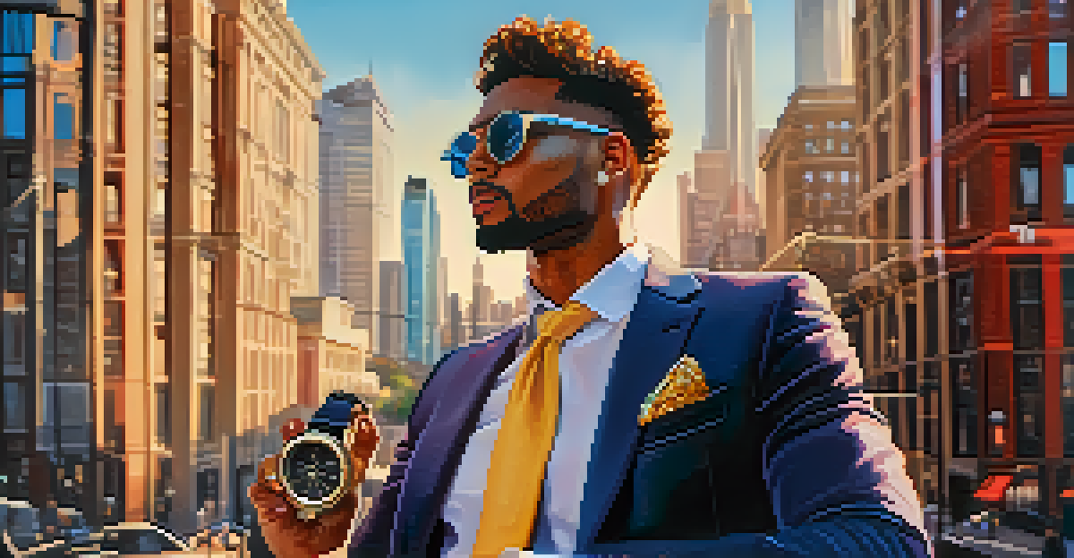 An influencer in trendy clothes taking a selfie with a luxury watch against a city skyline.