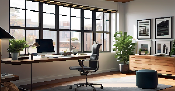 A contemporary home office with a wooden desk, laptop, desk lamp, plant, and a gallery wall.