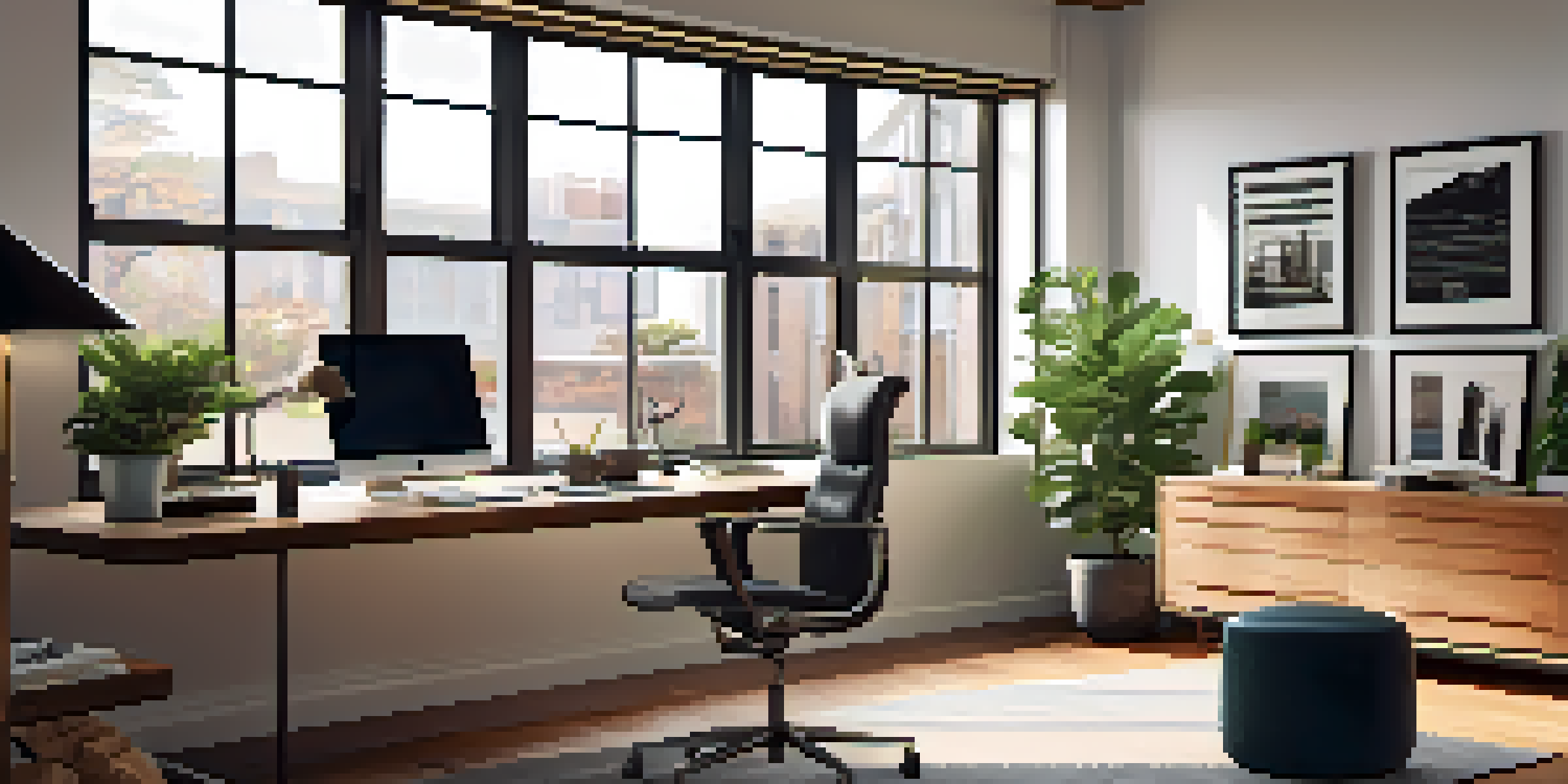 A contemporary home office with a wooden desk, laptop, desk lamp, plant, and a gallery wall.