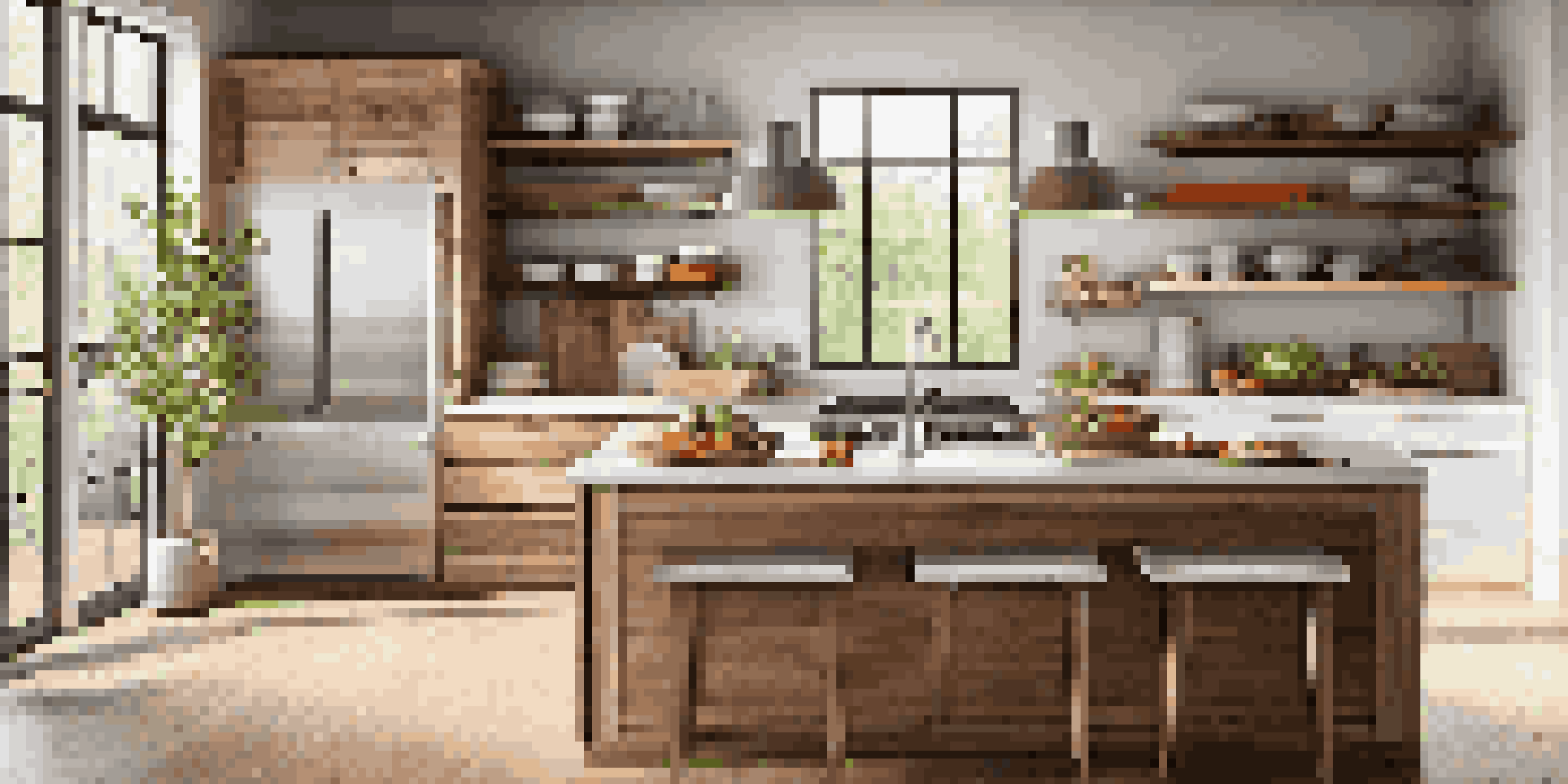 A bright and inviting kitchen with reclaimed wood cabinetry, large windows, eco-friendly appliances, and colorful dishware on open shelves.