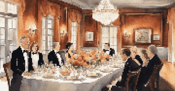 A cozy luxury dinner party with elegantly set table, floral arrangements, and warm lighting, featuring guests enjoying gourmet dishes.