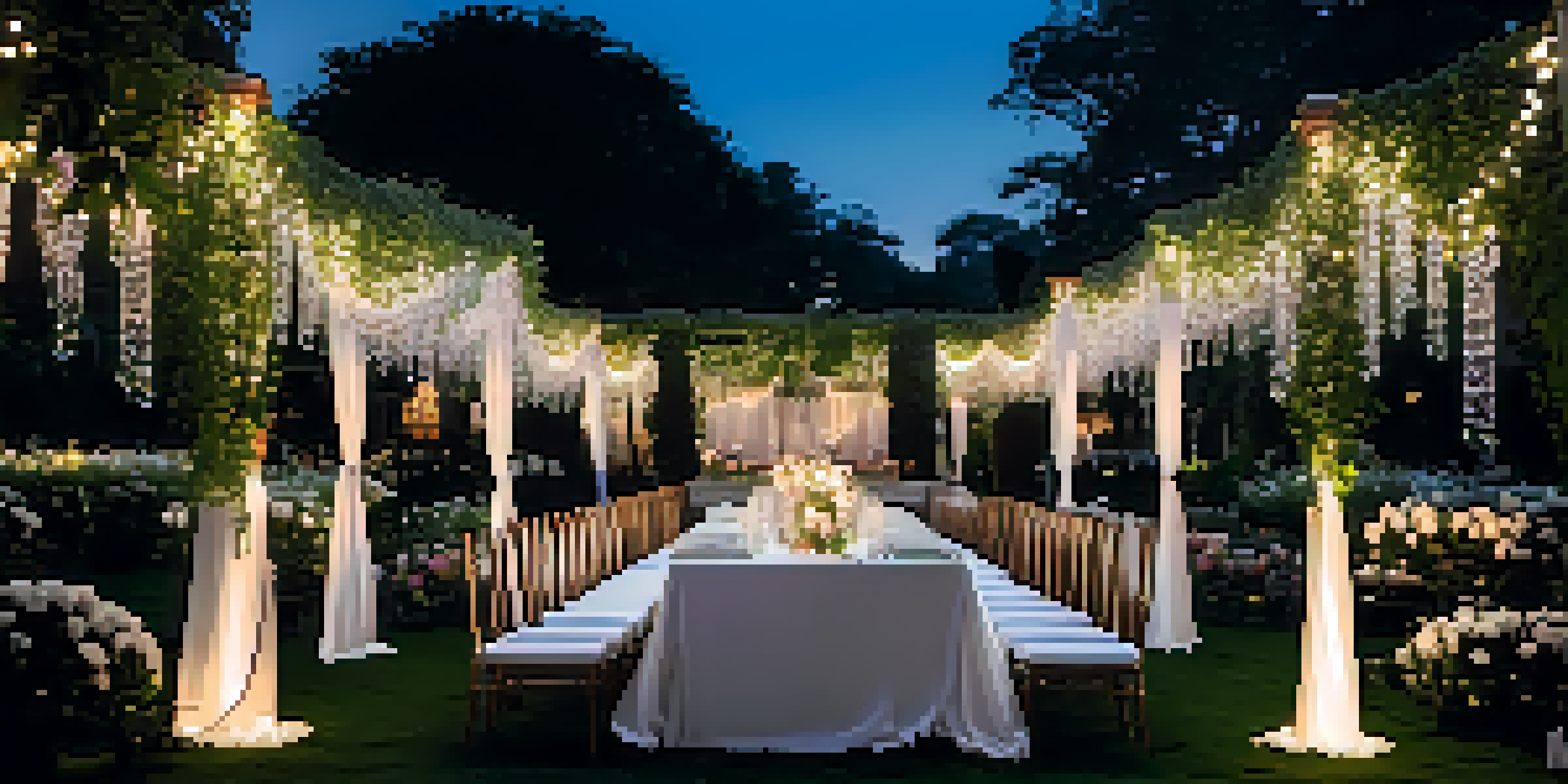 An outdoor luxury event setup with a long dining table, white linens, crystal glassware, and floral centerpieces in a lush garden at dusk with fairy lights.
