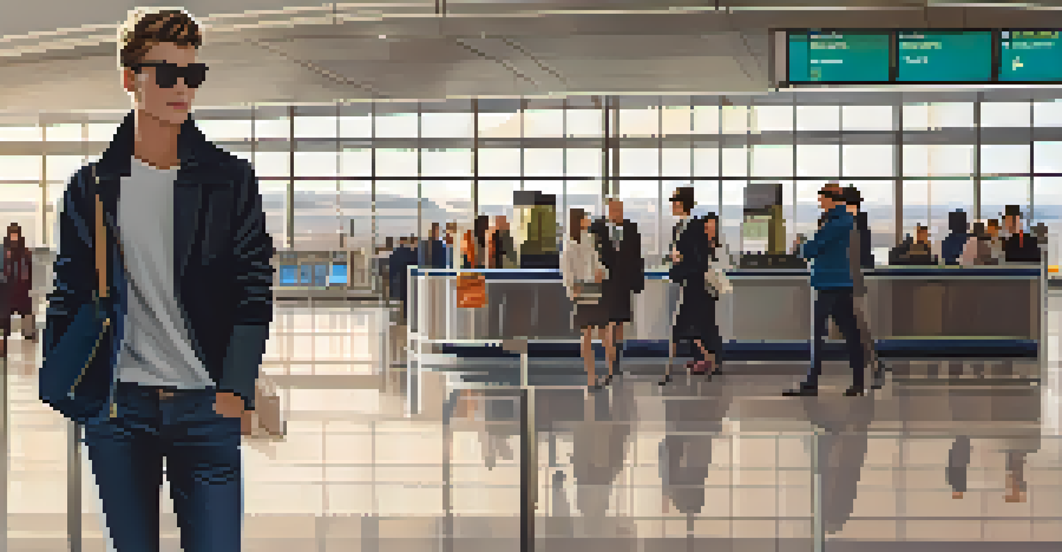 A fashionable traveler at an airport wearing a layered outfit with a crossbody bag, standing in front of a check-in counter, illuminated by soft lighting.