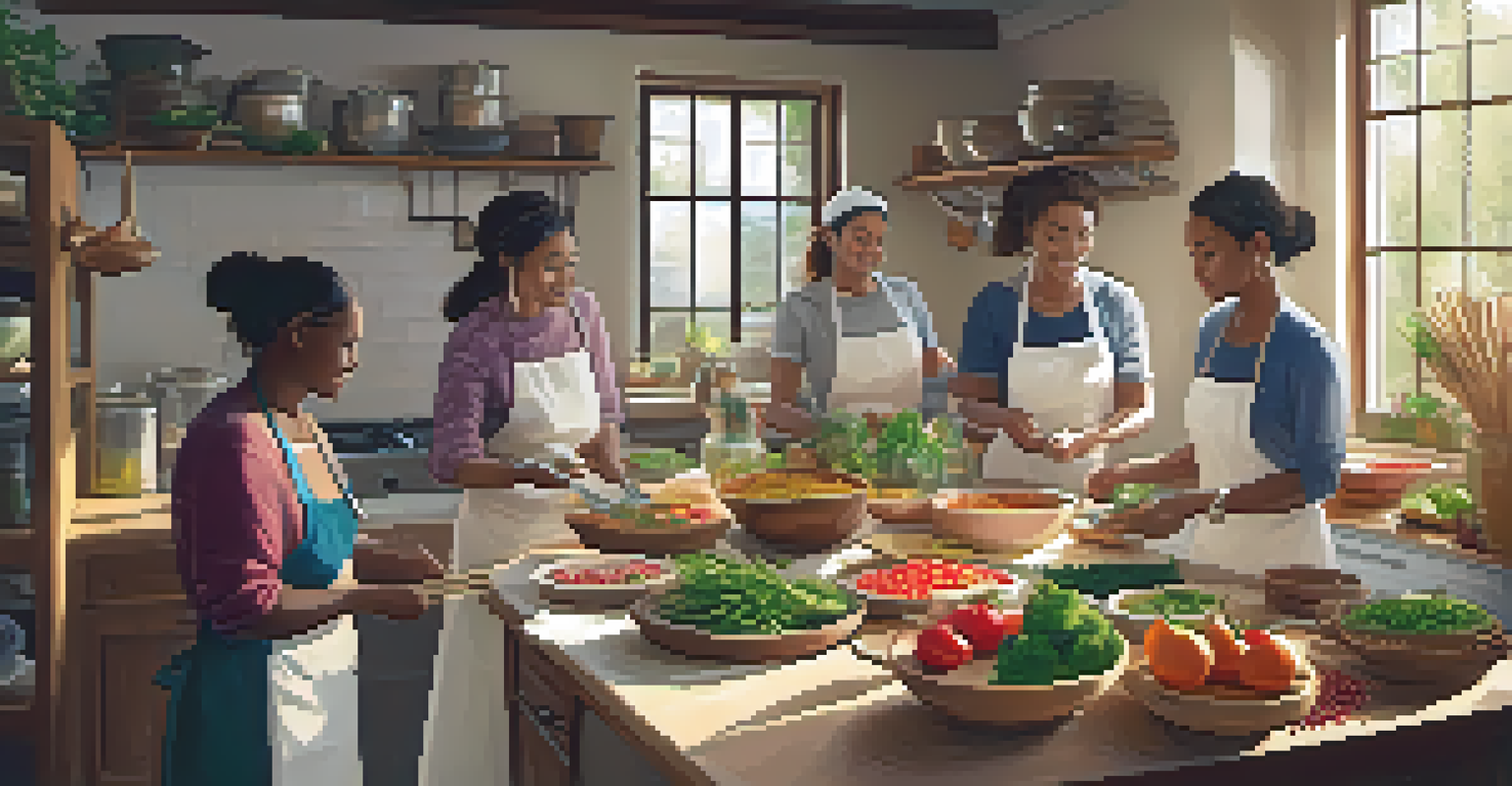 A cooking class with diverse participants learning from a local chef in a cozy kitchen.