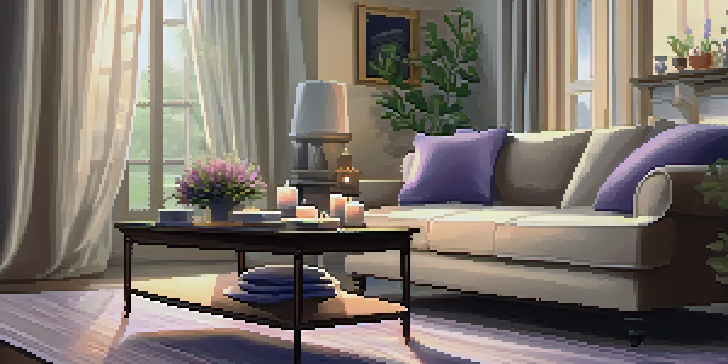 A cozy living room with a soft sofa, lit candle, and lavender bouquet, illuminated by natural light.