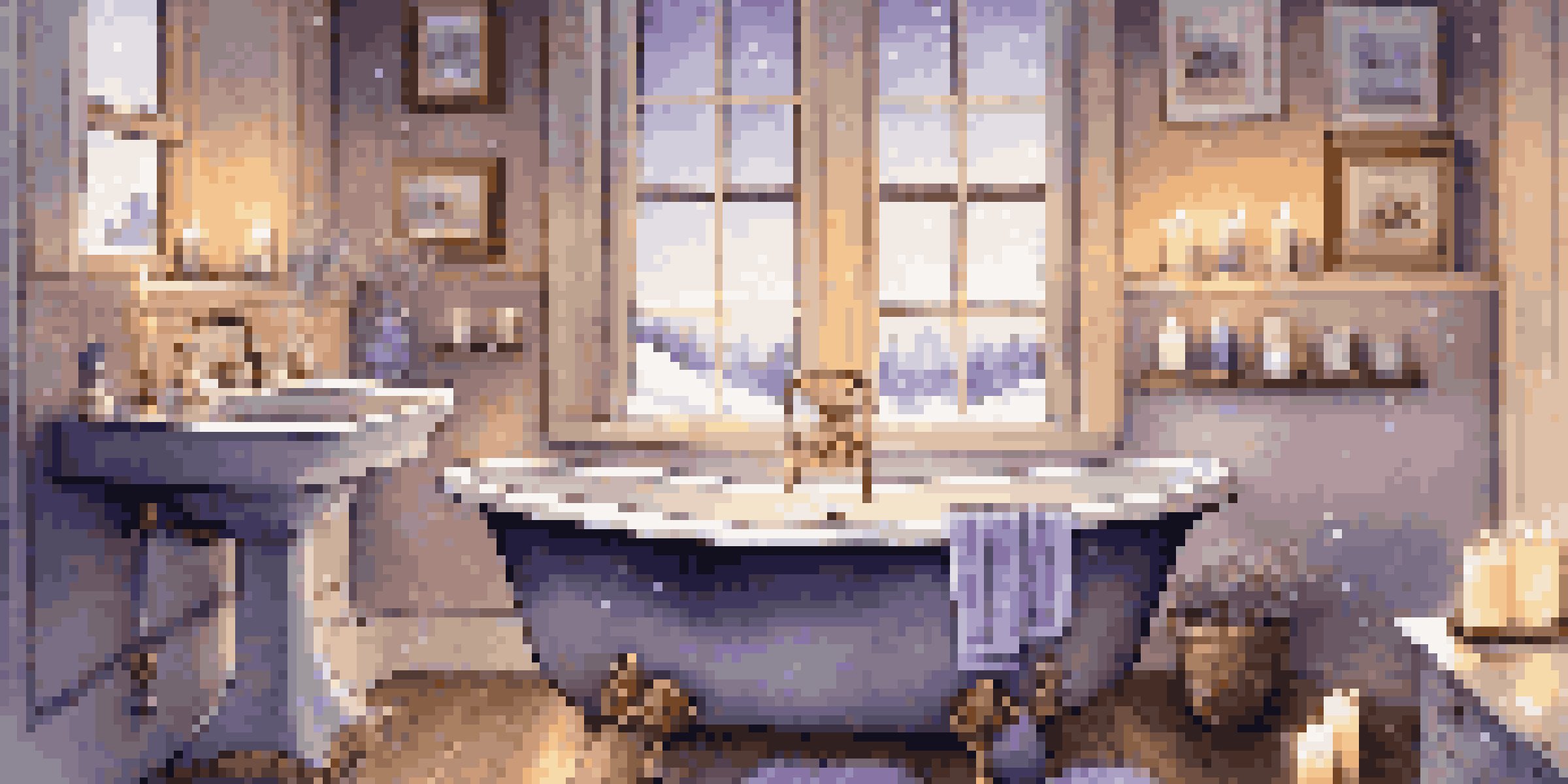 A warm and inviting bathroom with a bathtub filled with lavender bubbles and soft candlelight, set against a snowy winter backdrop.