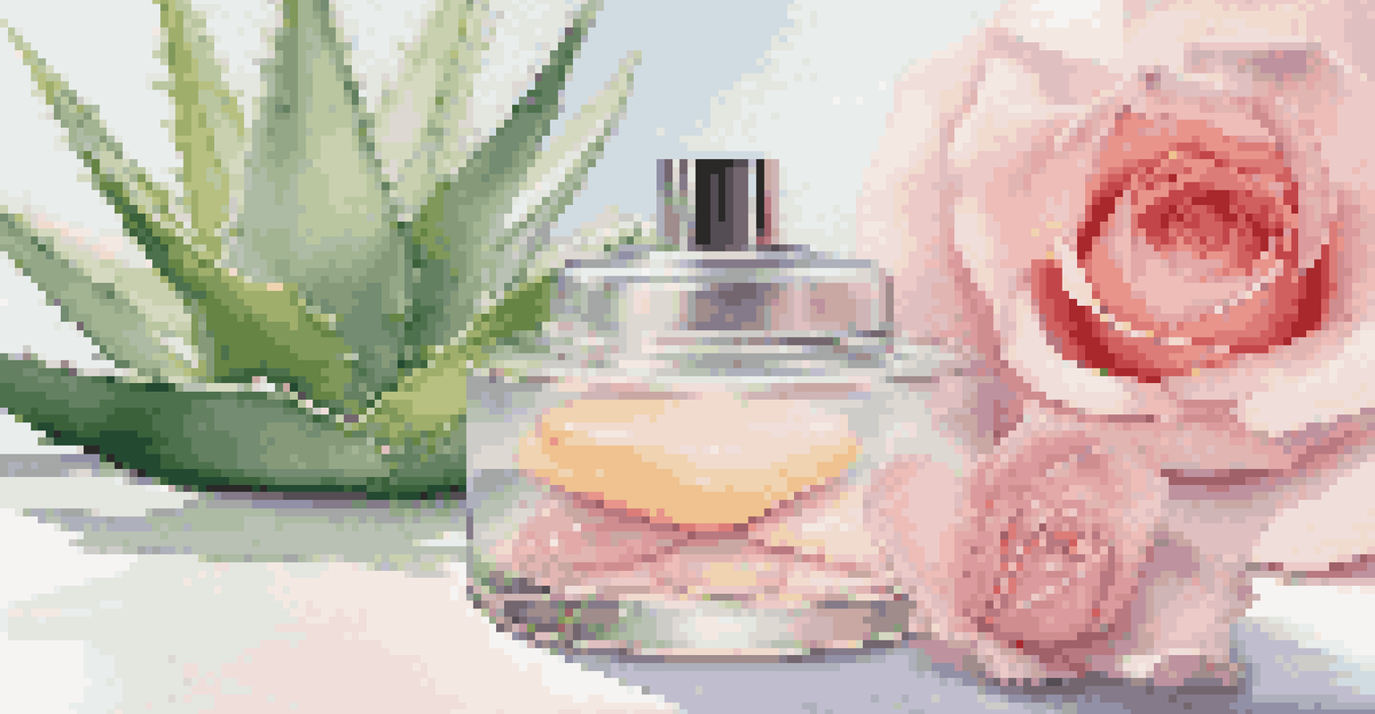 A clear glass container filled with natural skincare ingredients like aloe vera and rose petals, set against a soft pastel background.