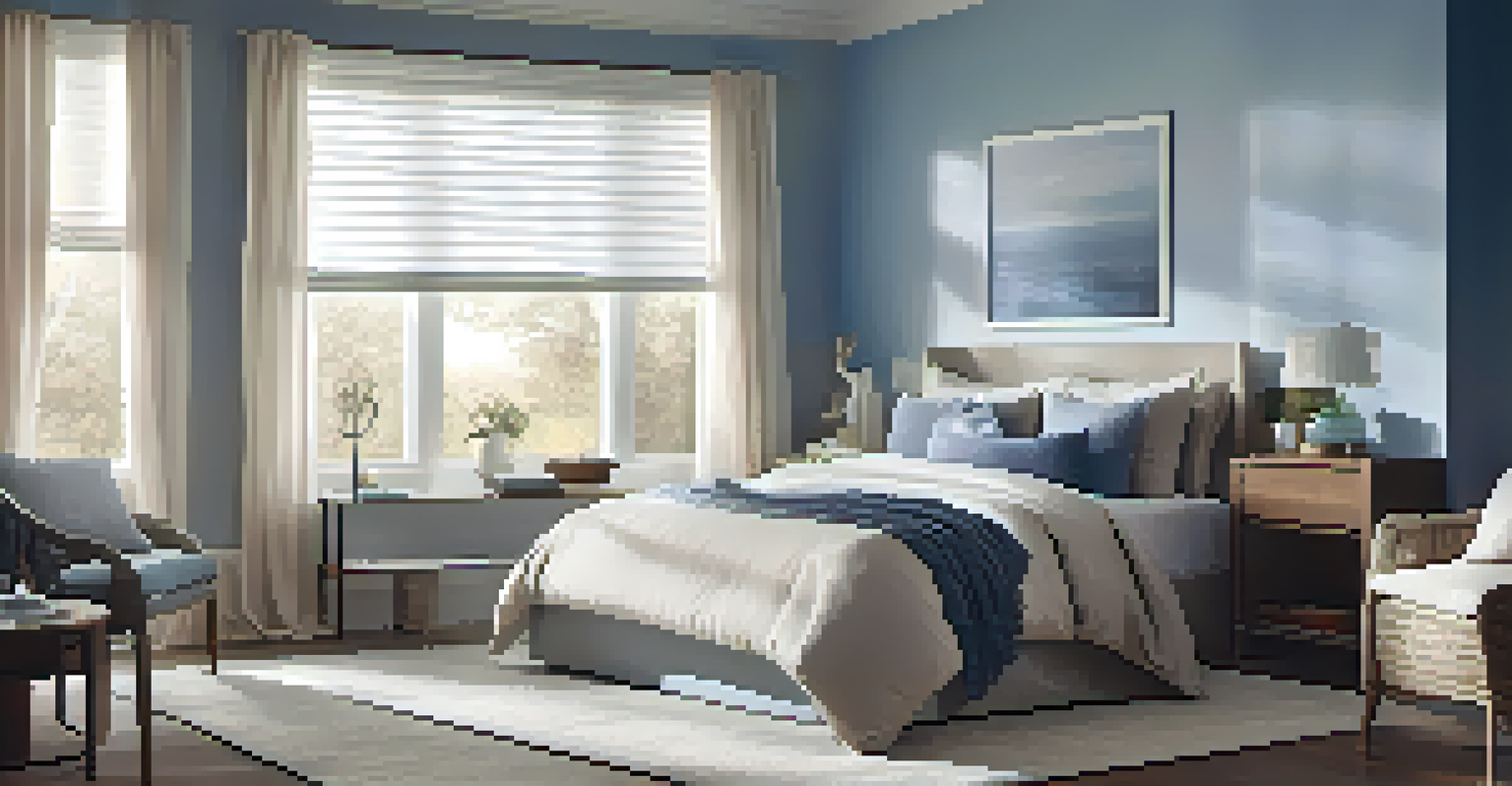 A tranquil bedroom with an ombre-painted wall in blue tones and soft natural lighting.