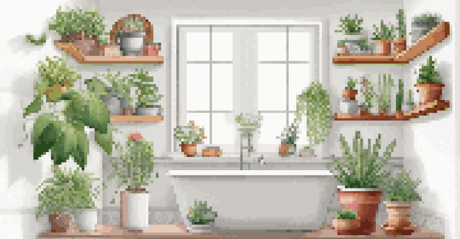 A stylish bathroom showcasing wall-mounted shelves filled with various plants, including a vintage teacup holding a fern, and a hanging plant in macramé.