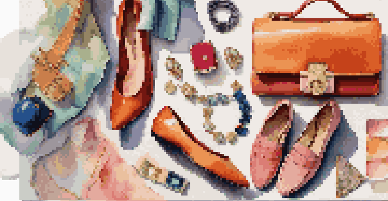 A flat lay of luxury fashion items and art pieces arranged together with vibrant colors and textures.