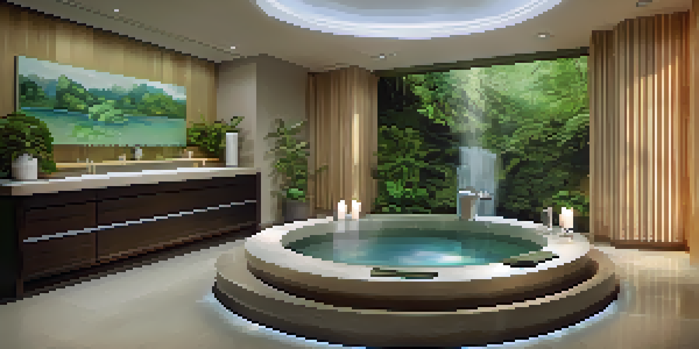 A calming hydrotherapy room with a soaking tub, ambient lighting, plants, and candles, creating a relaxing atmosphere.