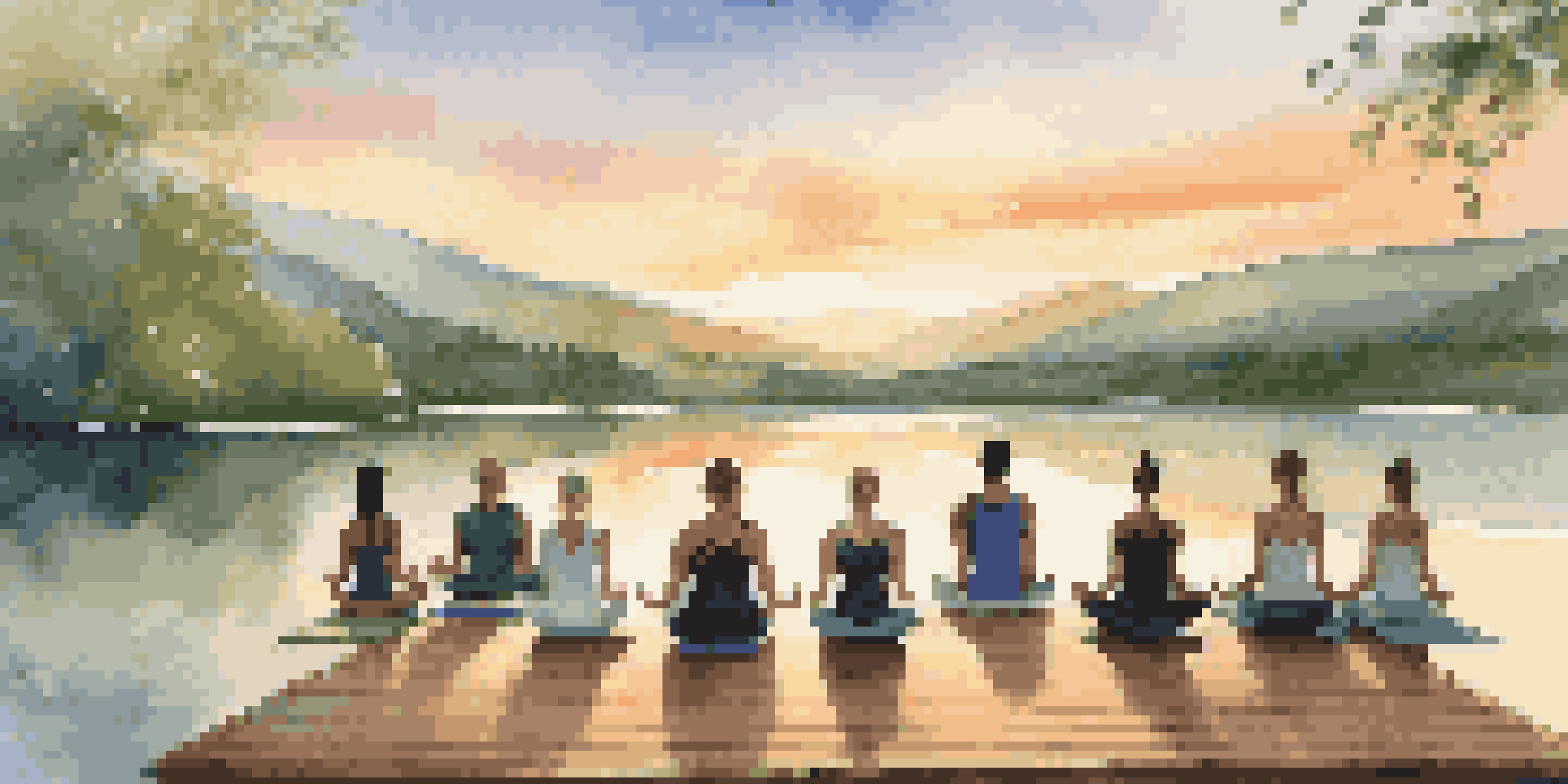 Participants practicing yoga on a wooden deck by a tranquil lake at sunset, surrounded by mountains.