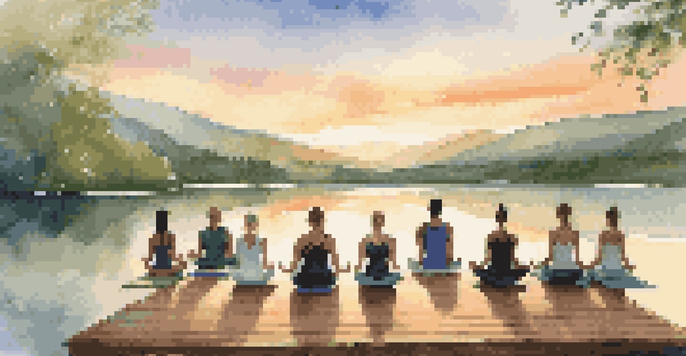 Participants practicing yoga on a wooden deck by a tranquil lake at sunset, surrounded by mountains.